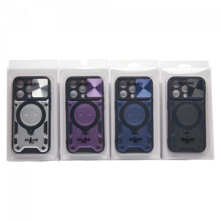 MUMUSO Handyhülle für iPhone 15 Pro aus robustem PC und TPU mit Schiebefenster und Ringhalter in Silber – ideale Schutzhülle.