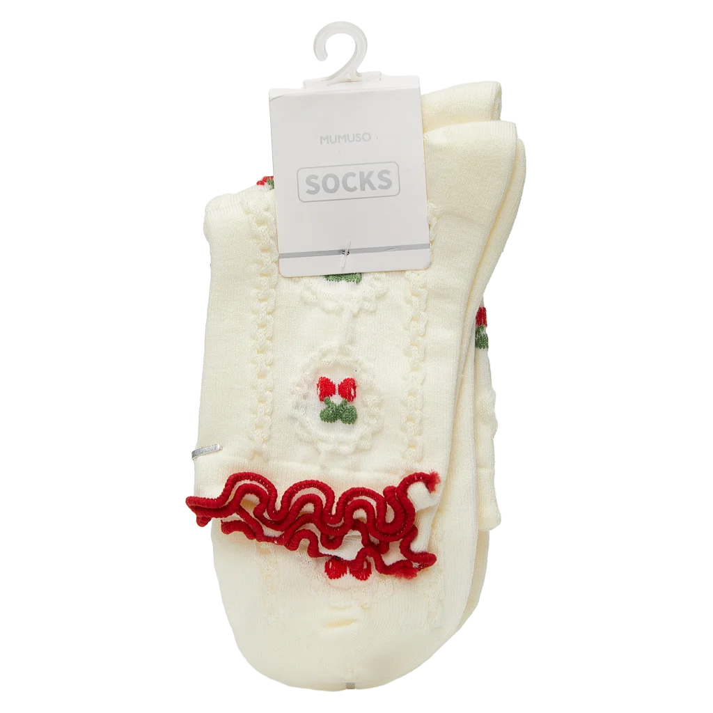 mumuso_jacquard_crew_socken_damen_weiss_kirsche.webp MUMUSO Jacquard Crew Socken für Damen, weiß mit Kirschen, bequeme kurze Socken mit Muster für den Alltag.