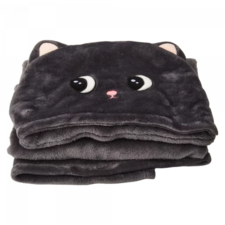 MUMUSO Kapuzen-Decke aus Polyester mit Katzen-Gesicht (Grau) – kuschelige Wohntextilie für Sofa oder Bett.