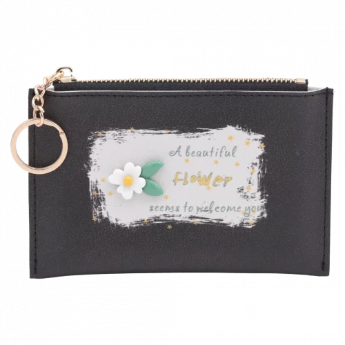 MUMUSO Kartenetui aus Kunstleder mit Blumen-Print in Schwarz und praktischem Schlüsselanhänger, ideal für den Alltag.