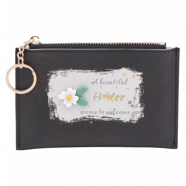 MUMUSO Kartenetui aus Kunstleder mit Blumen-Print in Schwarz und praktischem Schlüsselanhänger, ideal für den Alltag.