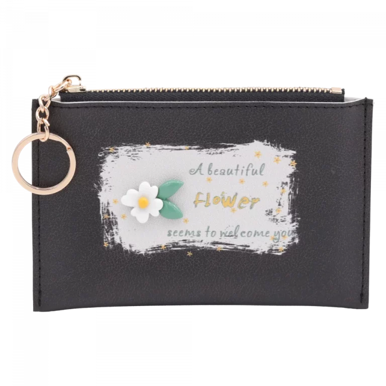 MUMUSO Kartenetui aus Kunstleder mit Blumen-Print in Schwarz und praktischem Schlüsselanhänger, ideal für den Alltag.