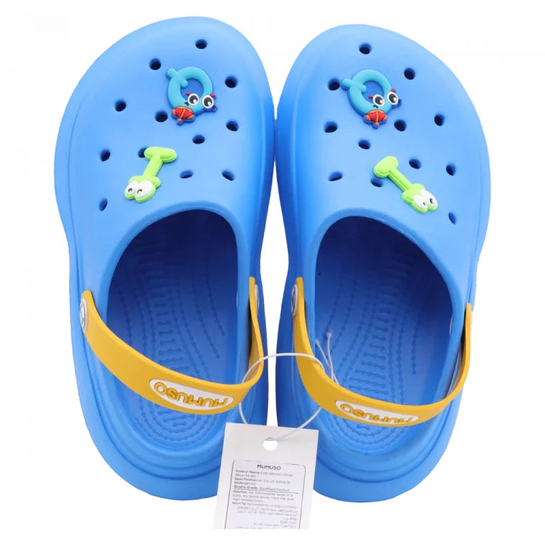 MUMUSO Kinder Gartenschuhe aus EVA, Größe 30-31 (Blau) mit Tierfigur – bequeme Kinder Clogs für draußen und Garten.