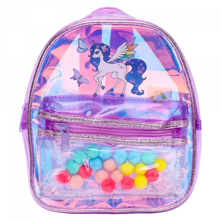 MUMUSO Kinder Rucksack aus PVC, transparent und leicht, mit Einhorn und lila Farbe – ideal für Kindergarten oder Ausflug.