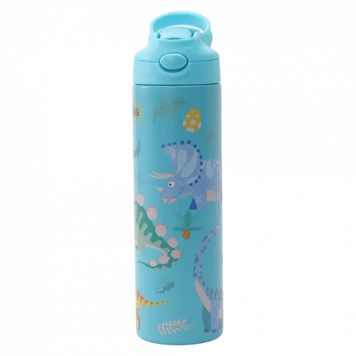 MUMUSO isolierte Kinder-Trinkflasche, 500 ml Edelstahl (Blau) mit Dinosaurier – langlebige Trinkflasche für Schule und unterwegs.