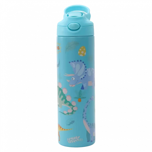 MUMUSO isolierte Kinder-Trinkflasche, 500 ml Edelstahl (Blau) mit Dinosaurier – langlebige Trinkflasche für Schule und unterwegs.