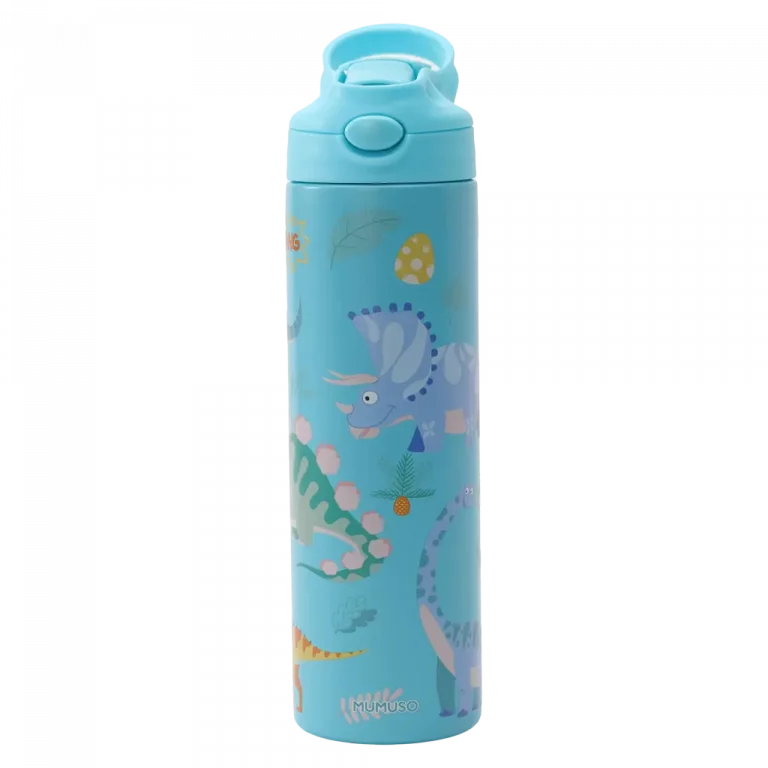 MUMUSO isolierte Kinder-Trinkflasche, 500 ml Edelstahl (Blau) mit Dinosaurier – langlebige Trinkflasche für Schule und unterwegs.