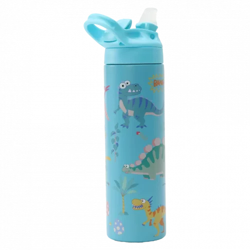 MUMUSO isolierte Kinder-Trinkflasche, 500 ml Edelstahl (Blau) mit Dinosaurier – langlebige Trinkflasche für Schule und unterwegs.