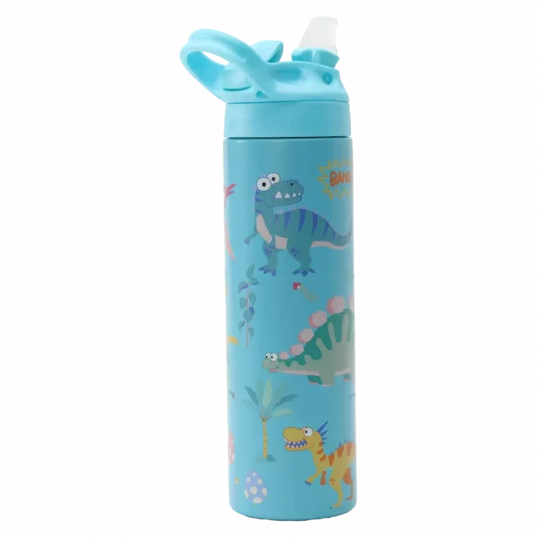MUMUSO isolierte Kinder-Trinkflasche, 500 ml Edelstahl (Blau) mit Dinosaurier – langlebige Trinkflasche für Schule und unterwegs.