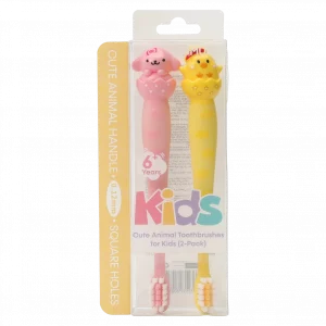 MUMUSO Kinderzahnbürsten mit Tierfigur, rosa, ab 6 Jahren – Zahnbürste Kinder im 2er-Set für sanfte Zahnpflege.