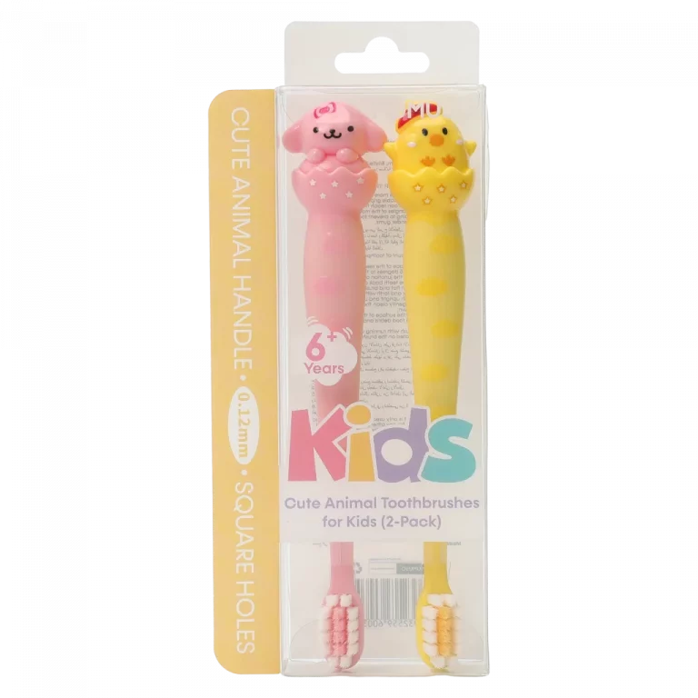 MUMUSO Kinderzahnbürsten mit Tierfigur, rosa, ab 6 Jahren – Zahnbürste Kinder im 2er-Set für sanfte Zahnpflege.