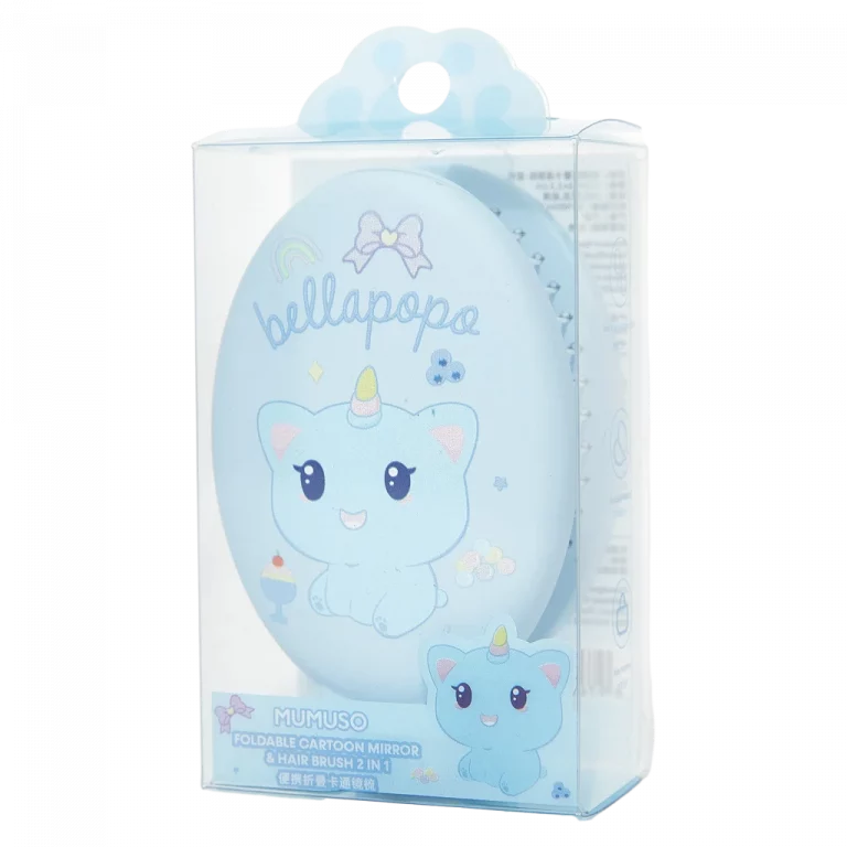 MUMUSO klappbarer Spiegel mit Haarbürste für Kinder, ABS, blau, mit Einhorn-Katze – praktischer 2-in-1 Spiegel Bürste.