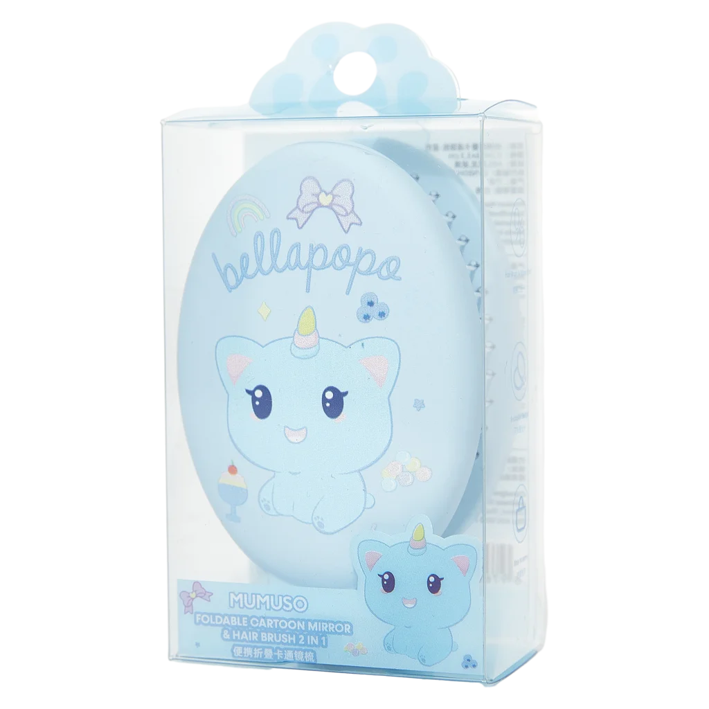 MUMUSO klappbarer Spiegel mit Haarbürste für Kinder, ABS, blau, mit Einhorn-Katze – praktischer 2-in-1 Spiegel Bürste.