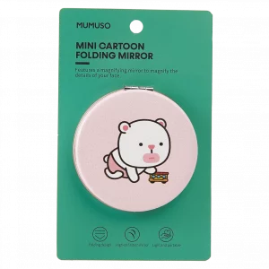 MUMUSO Klappspiegel rund aus ABS, rosa mit Bär – kompakter Mini Spiegel für unterwegs und praktische Anwendung.