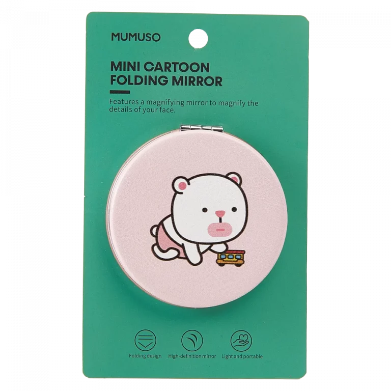 MUMUSO Klappspiegel rund aus ABS, rosa mit Bär – kompakter Mini Spiegel für unterwegs und praktische Anwendung.
