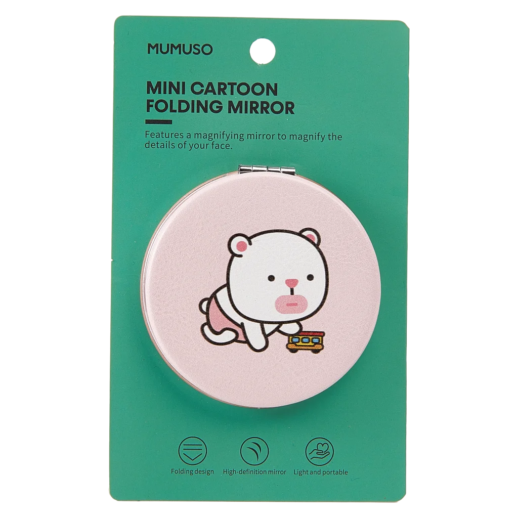 MUMUSO Klappspiegel rund aus ABS, rosa mit Bär – kompakter Mini Spiegel für unterwegs und praktische Anwendung.