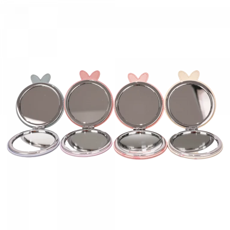 MUMUSO Klappspiegel rund aus Kunstleder, Hasen-Print, rosa – praktischer Kosmetikspiegel für unterwegs.