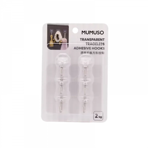 MUMUSO Klebehaken transparent 6er-Pack aus Polystyrol, spurlos ablösbar – vielseitige Haushaltshaken für Küche und Bad.