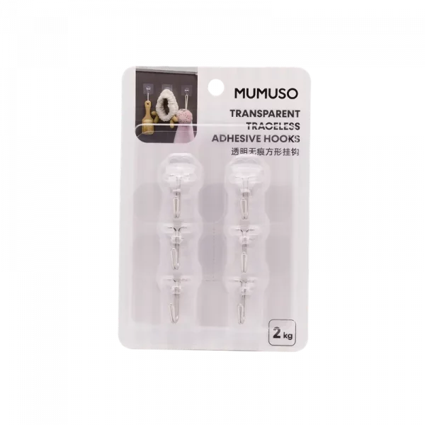 MUMUSO Klebehaken transparent 6er-Pack aus Polystyrol, spurlos ablösbar – vielseitige Haushaltshaken für Küche und Bad.