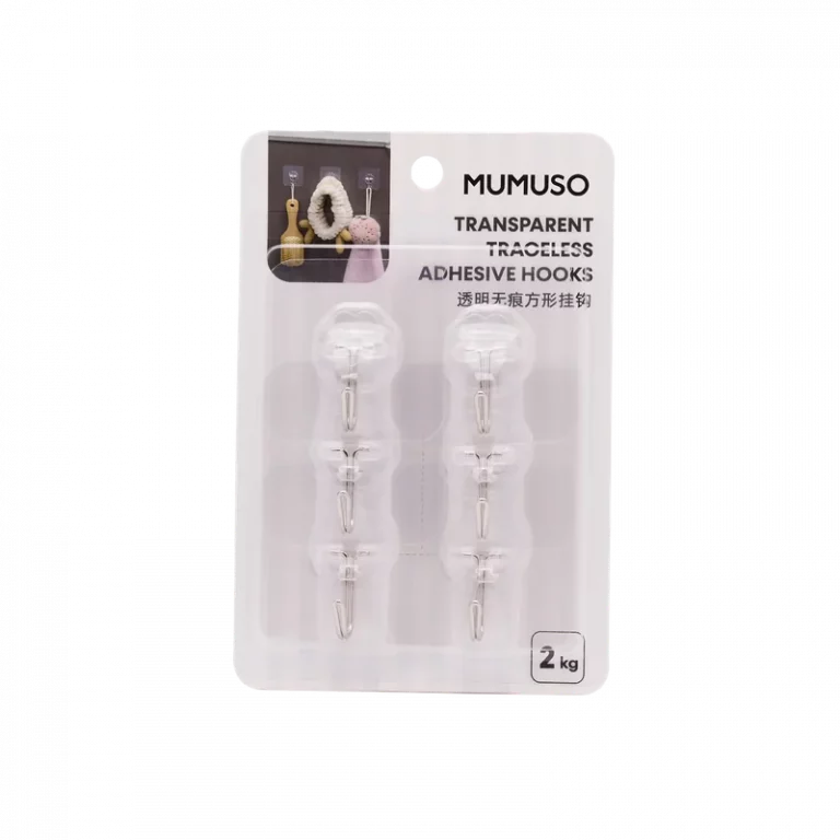 MUMUSO Klebehaken transparent 6er-Pack aus Polystyrol, spurlos ablösbar – vielseitige Haushaltshaken für Küche und Bad.