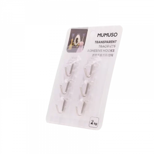 MUMUSO Klebehaken transparent 6er-Pack aus Polystyrol, spurlos ablösbar – vielseitige Haushaltshaken für Küche und Bad.
