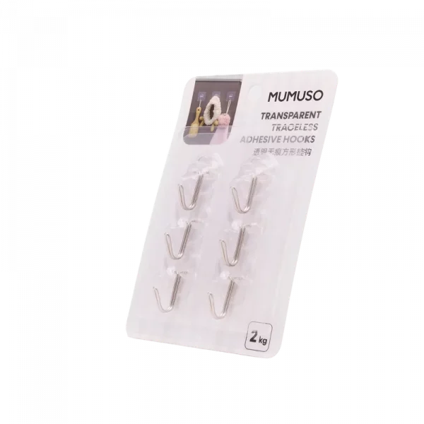 MUMUSO Klebehaken transparent 6er-Pack aus Polystyrol, spurlos ablösbar – vielseitige Haushaltshaken für Küche und Bad.