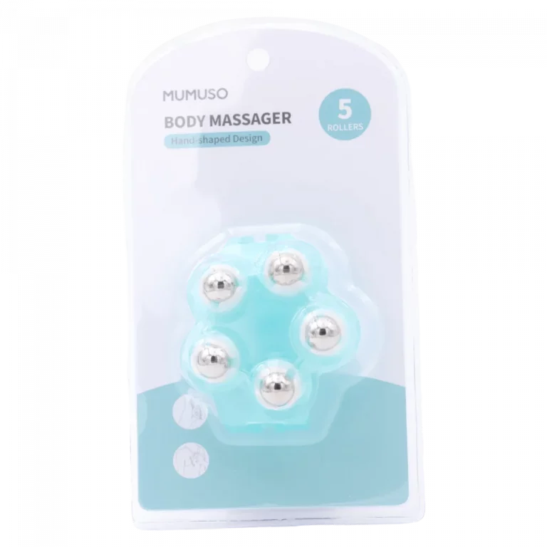 MUMUSO Massagehandschuh für die Körpermassage mit 5 Massagerollen, hellblau – ideal zum Entspannen und für die Selbstmassage.