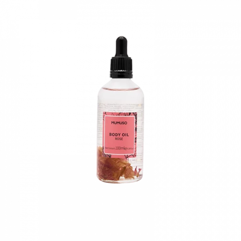 MUMUSO Körperöl mit Rosenblütenblättern und Rosenduft, 100 ml (Rosa) – pflegendes Körperöl für den ganzen Körper.
