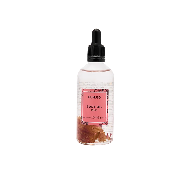 MUMUSO Körperöl mit Rosenblütenblättern und Rosenduft, 100 ml (Rosa) – pflegendes Körperöl für den ganzen Körper.