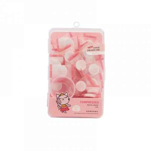 MUMUSO 35er-Set komprimierte Gesichtsmasken in praktischer rosa Aufbewahrungsbox für Gesichtspflege zu Hause.