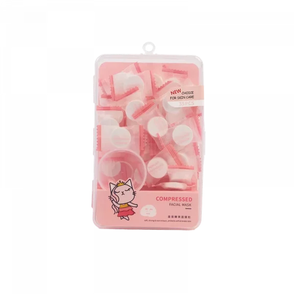 MUMUSO 35er-Set komprimierte Gesichtsmasken in praktischer rosa Aufbewahrungsbox für Gesichtspflege zu Hause.