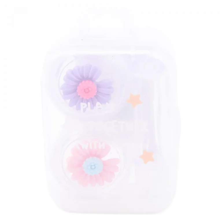 MUMUSO Kontaktlinsenbehälter mit Blumenmuster in Lila und Rosa – tragbares Kontaktlinsenzubehör für Reisen und Hygiene.