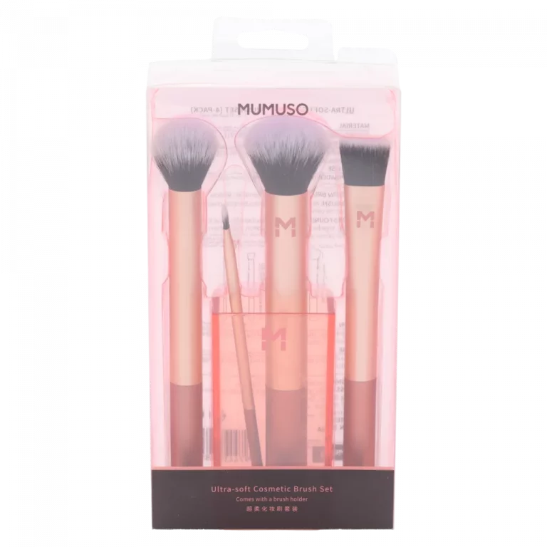 MUMUSO Kosmetikpinsel Set, ultra-soft, 4-teilig mit Pinselhalter in Rosa Gold – Make-up Pinsel für Puder und Rouge.