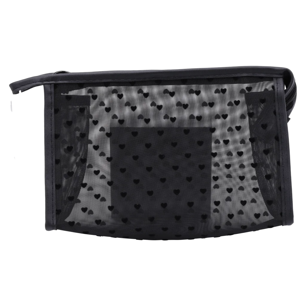 mumuso_kosmetiktasche_nylon_herzchen_schwarz_2.webp MUMUSO Kosmetiktasche aus Nylon, schwarz mit Herzchen – praktische Make-up Tasche für unterwegs und Aufbewahrung.