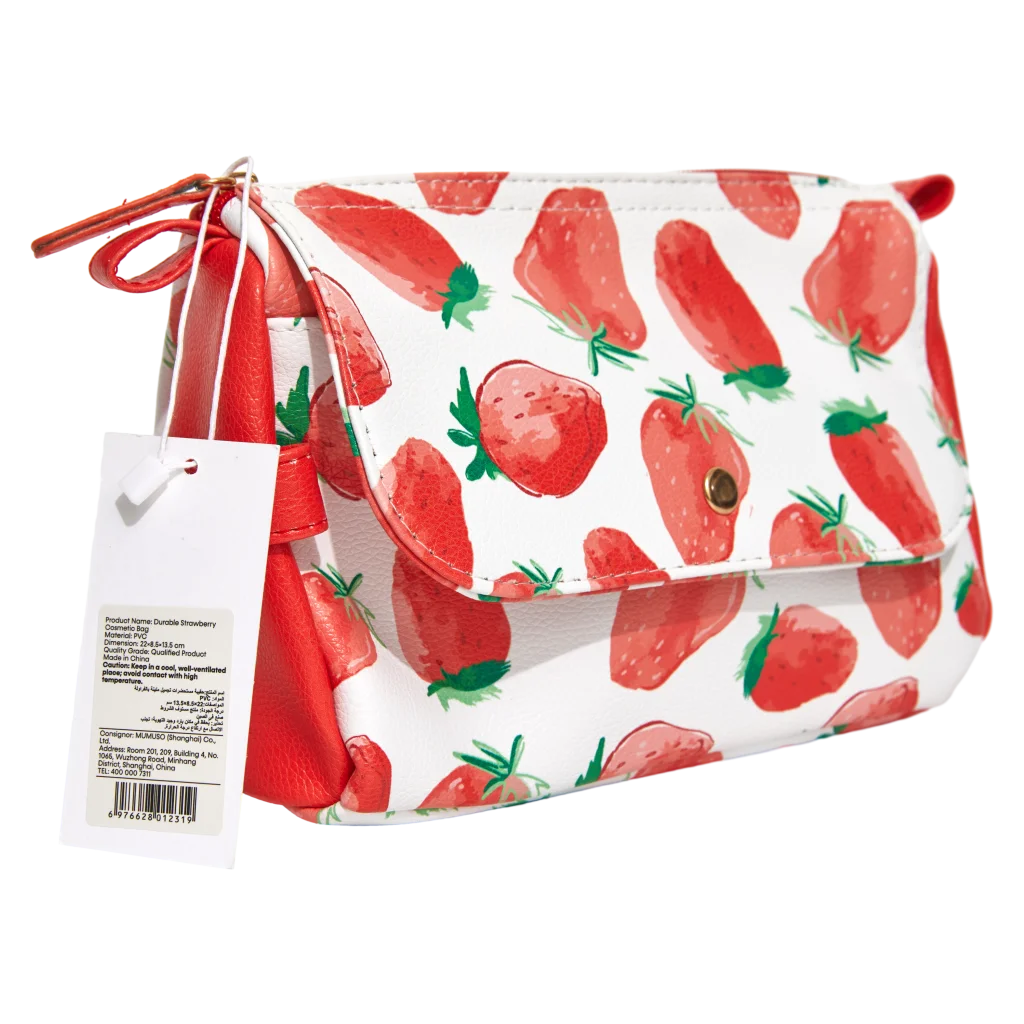 MUMUSO Kosmetiktasche aus PVC, rot-weiß mit Erdbeeren – strapazierfähige Aufbewahrungstasche für Make-up und Kosmetik.