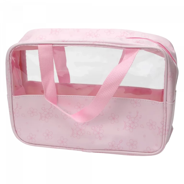 MUMUSO transparente Kosmetiktasche aus PVC, groß, rosa, mit Kirschblüten – praktische Aufbewahrung für Pflegeprodukte.