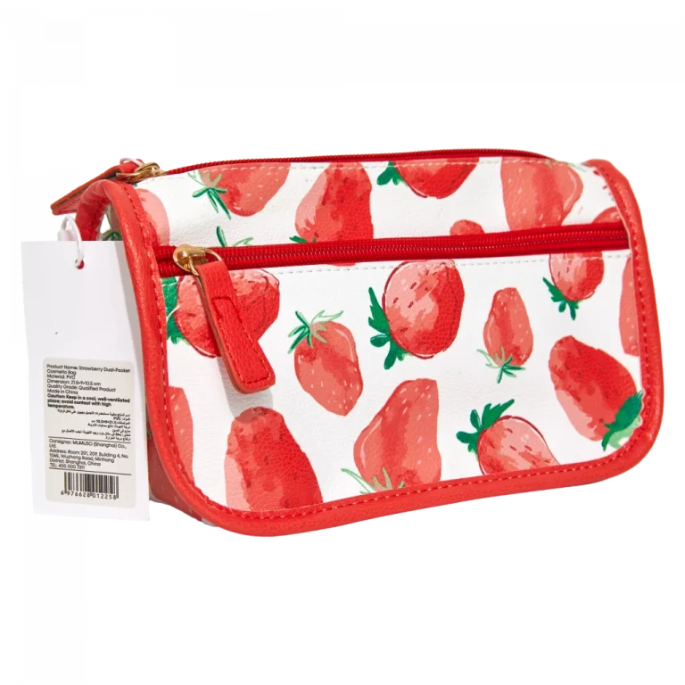 MUMUSO Kosmetiktasche aus PVC mit zwei Fächern, Rot, mit Erdbeer-Print – praktische Make-up Tasche für unterwegs.