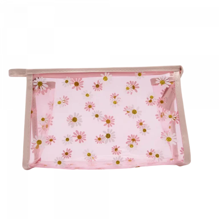 MUMUSO Kosmetiktasche transparent aus PVC mit Blumenprint, rosa – praktische Make-up Tasche für Kosmetikartikel.