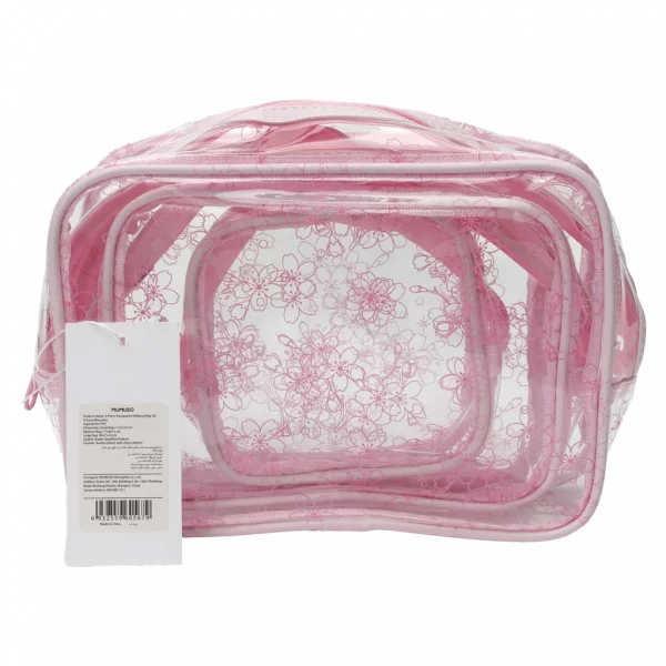MUMUSO Kosmetiktasche transparent aus PVC, Kirschblüten, 3-teiliges Set in Rosa – praktische Aufbewahrungstasche.