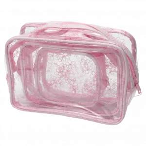 MUMUSO Kosmetiktasche transparent aus PVC, Kirschblüten, 3-teiliges Set in Rosa – praktische Aufbewahrungstasche.