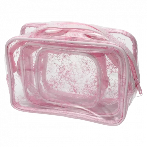 MUMUSO Kosmetiktasche transparent aus PVC, Kirschblüten, 3-teiliges Set in Rosa – praktische Aufbewahrungstasche.
