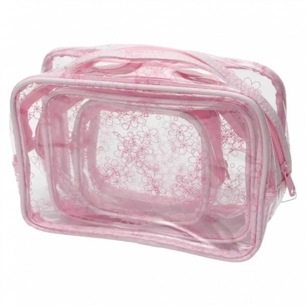 MUMUSO Kosmetiktasche transparent aus PVC, Kirschblüten, 3-teiliges Set in Rosa – praktische Aufbewahrungstasche.