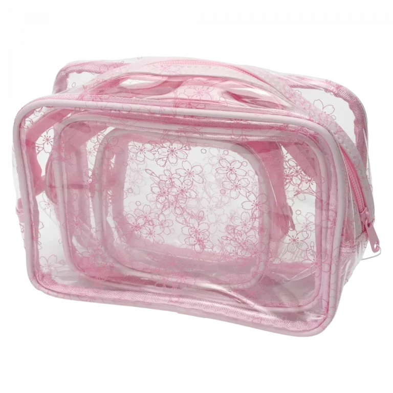 MUMUSO Kosmetiktasche transparent aus PVC, Kirschblüten, 3-teiliges Set in Rosa – praktische Aufbewahrungstasche.