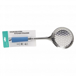 MUMUSO Küchensieb, robustes Edelstahlsieb mit Kunststoffgriff in Hellblau – ideal zum Schöpfen und Filtern.