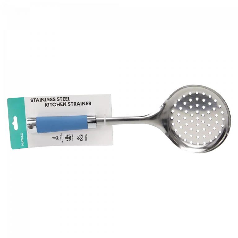 MUMUSO Küchensieb, robustes Edelstahlsieb mit Kunststoffgriff in Hellblau – ideal zum Schöpfen und Filtern.