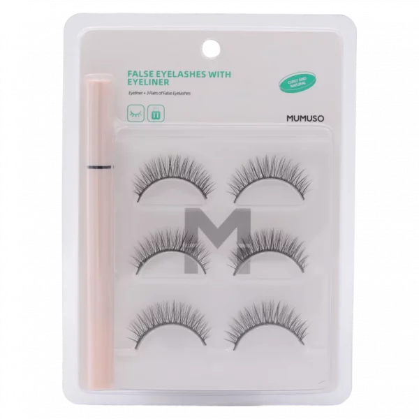 MUMUSO künstliche Wimpern mit Eyeliner, 3 Paar Kunstfaserborsten (Schwarz) – praktisches Wimpern Set für natürliches Augen-Make-up.