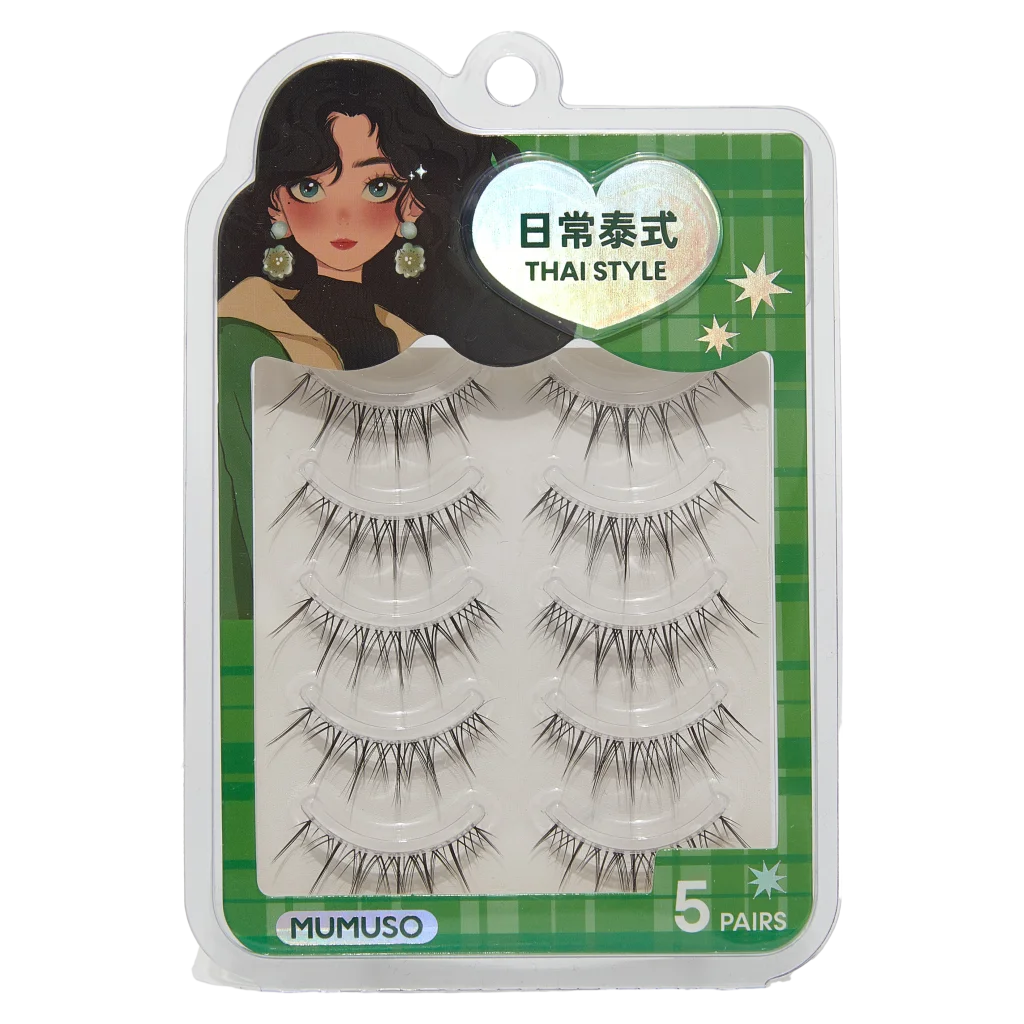mumuso_kuenstliche_wimpern_thai_style_5er_set_schwarz.webp MUMUSO Wimpern Set Thai Style, künstliche Wimpern mit Kleber, schwarz – 5 Paar Wimpern für Make-up Looks.