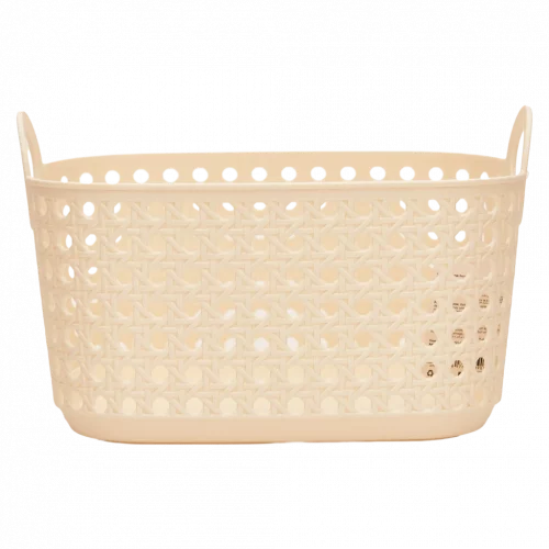 MUMUSO Aufbewahrungskorb klein aus Kunststoff mit Griffen, beige, vielseitig als Ordnungshelfer für Haushalt geeignet.