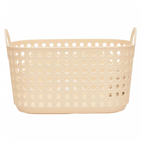 MUMUSO Aufbewahrungskorb klein aus Kunststoff mit Griffen, beige, vielseitig als Ordnungshelfer für Haushalt geeignet.