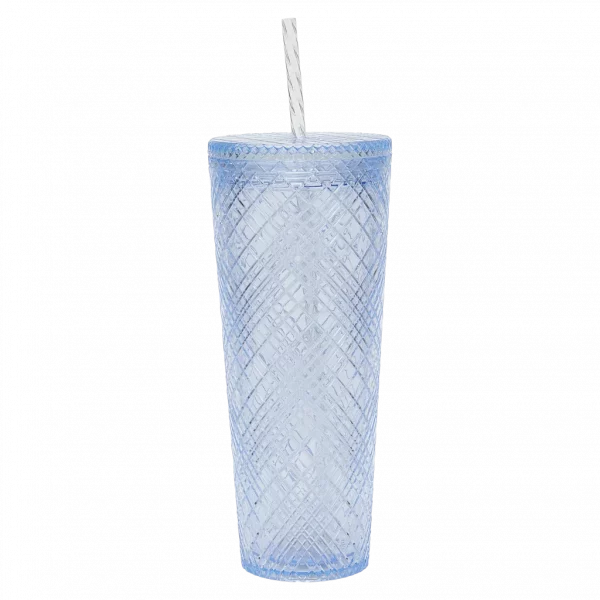 MUMUSO Kunststoffbecher mit Strohhalm, 740 ml, aus der Kollektion Kirschblüte in Blau – wiederverwendbarer Trinkbecher.